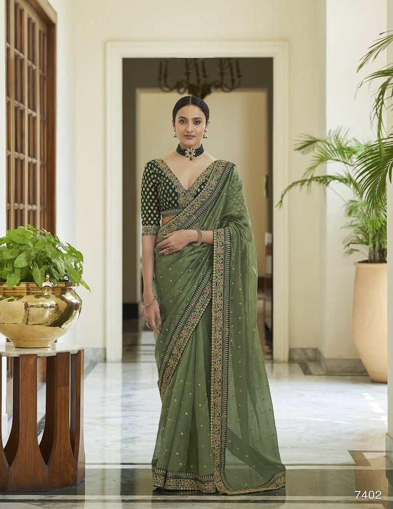 Embroidered Georgette Party Wear Saree in Green with Blouse - SR23293